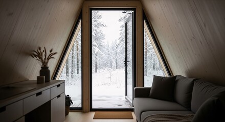 Winter cabin interior design ideas with snowy forest view and cozy sofa for vacation rental getaway