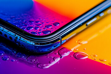 Close up of waterproof smartphone with colorful background and water drops