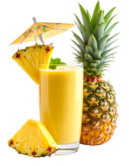 A refreshing pineapple smoothie, garnished with pineapple slices and a paper umbrella, isolated on transparent background.