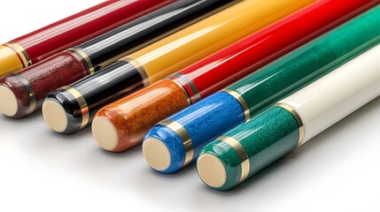 Fototapeta premium Colorful Billiard Cue Sticks Wood, Lacquer, and Gold Bands in a Row