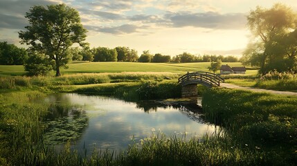 Tranquil pond with wooden bridge and lush green landscape at sunset