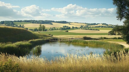 Idyllic countryside landscape with a serene pond and rolling hills