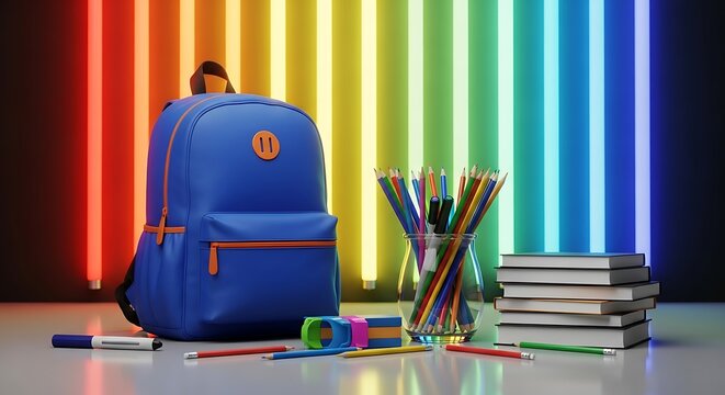 Back to school setup with a blue backpack colored pencils books and a marker - Powered by Adobe
