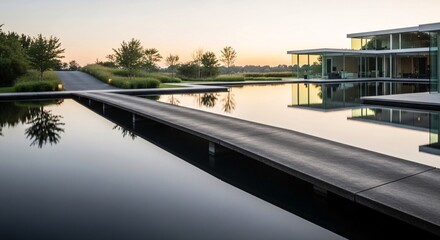 Modern house architecture with water reflection and walkway at sunset for luxury real estate