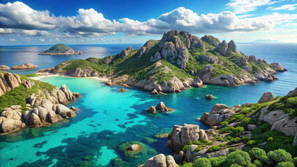 Idyllic Tropical Island Paradise with Turquoise Waters and Rocky Coastline, Perfect for Travel, Vacations, and Nature-Themed Projects