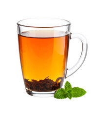 A clear glass mug filled with brewed tea, accompanied by fresh mint leaves isolated on transparent background.