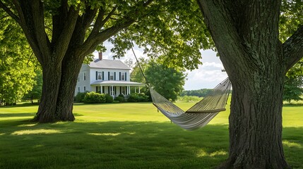 Relaxing hammock between two trees with a classic farmhouse in the background