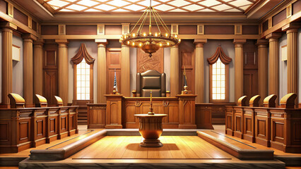 Elegant Courtroom Interior with Wooden Details: A High-Quality Image for Legal, Justice, and Historical Projects. Ideal for Backgrounds and Mockups