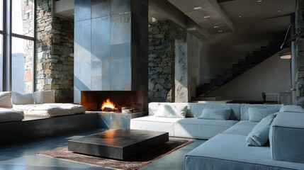Modern Living Room Minimalist Slate Industrial Italian Style Sunny Weather Vibrant Accents Crisp Details Radiant Lighting Elegant Design Luxurious Ambiance (AI-Generated)