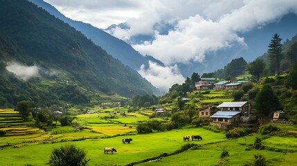 Lush green valley with terraced fields and traditional village nestled in himalayan mountains