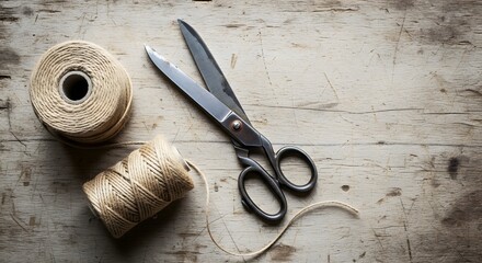 Rustic scissors and twine on weathered wooden background.