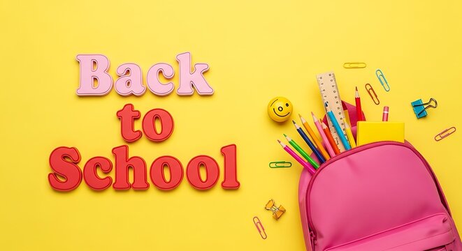 Pink backpack with school supplies and Back to School text on yellow - Powered by Adobe