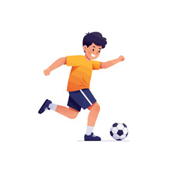 Obraz premium A young boy in an orange t-shirt and blue shorts joyfully kicking a soccer ball during a game.