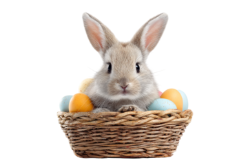 Cute easter bunny in a basket with colorful eggs isolated on transparent background