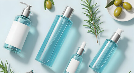 Skincare Bottles with Olive Branches, Natural Beauty and Wellness Concept