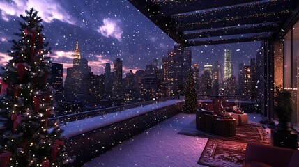 Festive christmas tree on a balcony overlooking a snowy cityscape at night