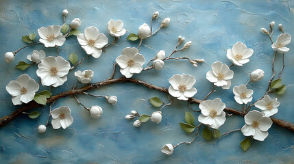 White blossoms branch textured floral art blue background spring theme