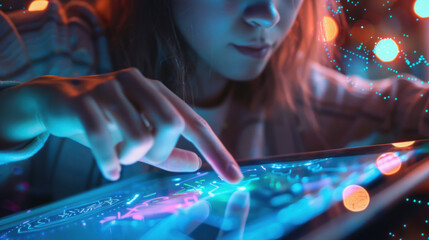 A woman interacts with a glowing touchscreen interface in a futuristic setting with bokeh effects