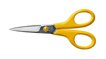 Yellow plastic handle scissors isolated, transparent background