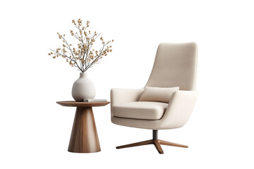 Fototapeta premium Modern armchair with side table and floral arrangement isolated on transparent background
