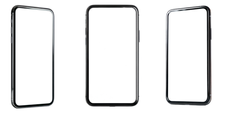 Three black phone mockups with isolated, transparent background