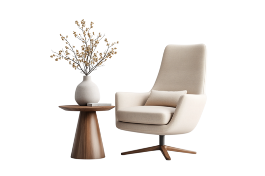 Modern armchair with side table and floral arrangement isolated on transparent background