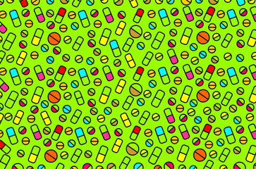 Colorful piils or medicines pattern background. Seamless pattern of medical icons. Piil icons illustration. Medicine icons illustration. Capsule piil icons illustration. Pharmacy symbols illustration.