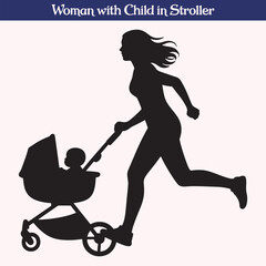 Silhouette of Woman Walking with Child in Stroller Vector