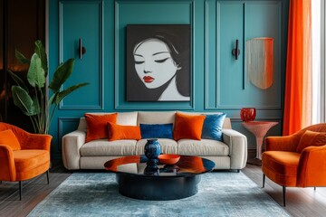 Modern art deco interior design of an apartment with a sofa, classical armchairs, and an accent coffee table, creating an elegant living space. Created with, Generative AI