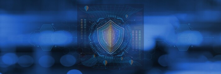 A captivating image of a digital shield symbolizes cyber protection, safeguarding sensitive information against unseen digital threats, with an abstract aesthetic and modern tech feel.
