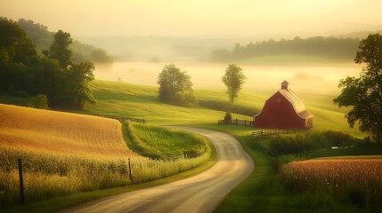 Rural country road winding through rolling hills and farmland at sunrise