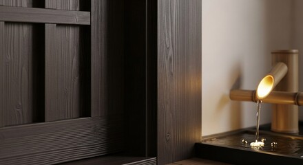 Japanese zen garden water feature with bamboo fountain and dark wood paneling for relaxation and meditation