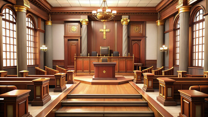 Classic Courthouse Interior with Judge's Bench, Jury Box, and Architectural Details. Ideal for Legal, Justice, and Government Related Visuals