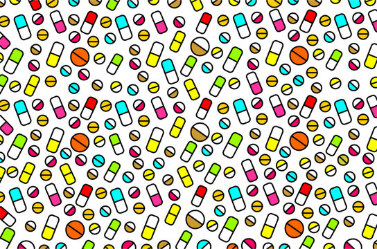 Colorful piils or medicines pattern background. Seamless pattern of medical icons. Piil icons illustration. Medicine icons illustration. Capsule piil icons illustration. Pharmacy symbols illustration.