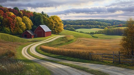 Scenic country road leading to a red barn nestled among autumn trees