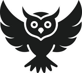 A simple black silhouette of a flying owl with its wings spread wide against a white background