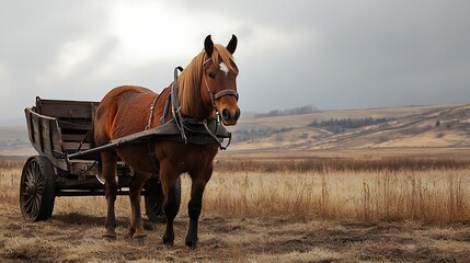 Horse and cart in a rural landscape under a cloudy sky