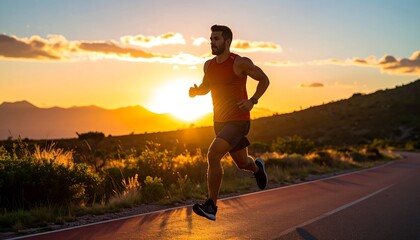 Man jogging at sunset on a paved path, mountains in background