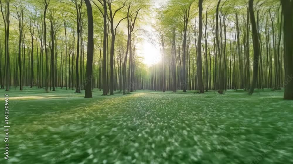 Poster enchanting spring forest scene with sunlight filtering through tall trees creating a serene and