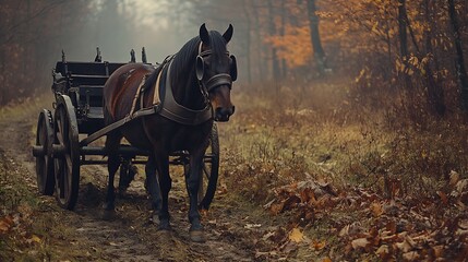 Horse pulling a vintage carriage through an autumn forest