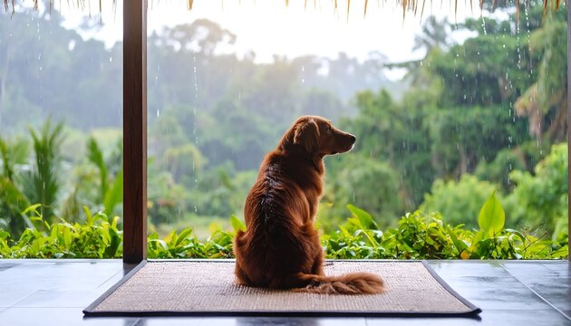 Golden retriever sits on mat, gazing at rainy jungle vista through large window - Powered by Adobe
