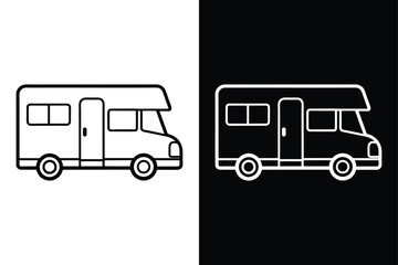 Minimalist Camper Van Icon. Black Line Art of Recreational Vehicle