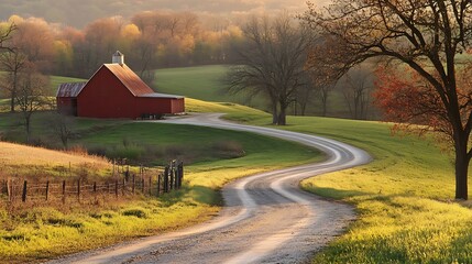 Scenic rural landscape with a winding dirt road leading to a red barn in autumn