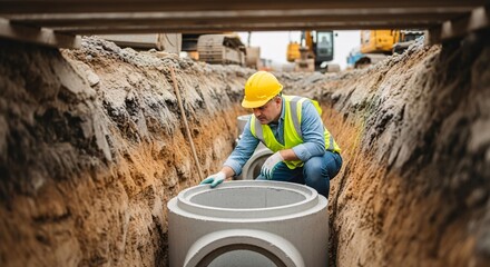 Construction worker inspecting concrete pipes in trench for sewer system installation project on construction site