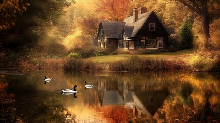 Cozy cabin by a tranquil lake surrounded by vibrant autumn foliage and reflections