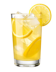 Refreshing lemon drink with ice cubes and lemon slices in a tall glass,  isolated on transparent background.