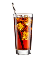 A tall glass of cola with ice cubes and a striped straw,  isolated on transparent background.
