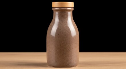 Chocolate milk in a glass bottle with wooden lid on a wooden table