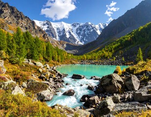 Alpine lake nestled amongst autumnal peaks