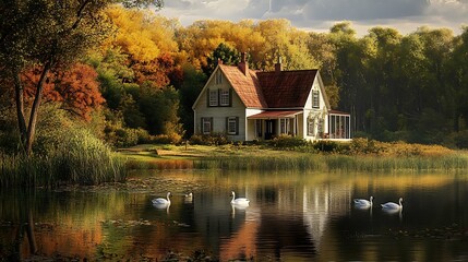 Charming lakeside cabin surrounded by vibrant autumn foliage and reflecting in the water